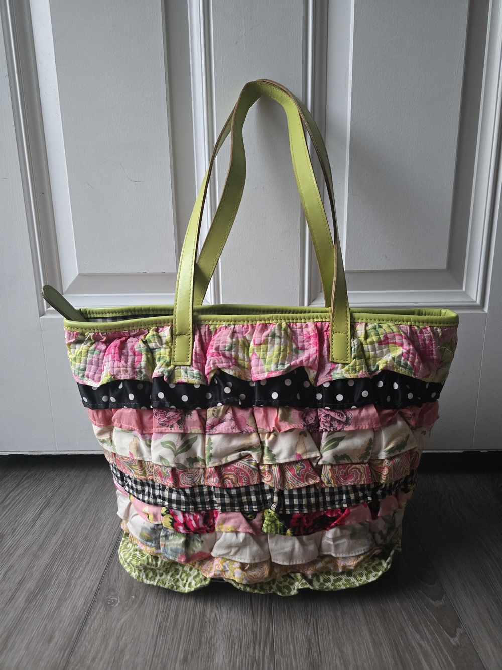 Clever Carriage Company Ruffled Tote Floral Gingham Shabby Chic Lime Green